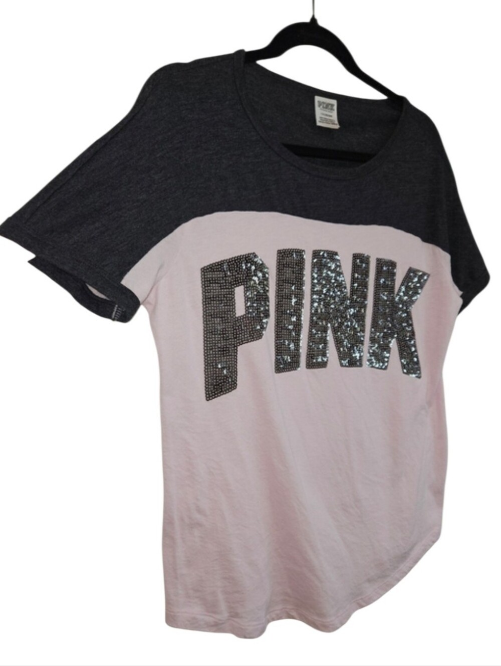 PINK Sequin Logo Colorblock Tee Pink Charcoal T-Shirt Short Sleeve Womens Large